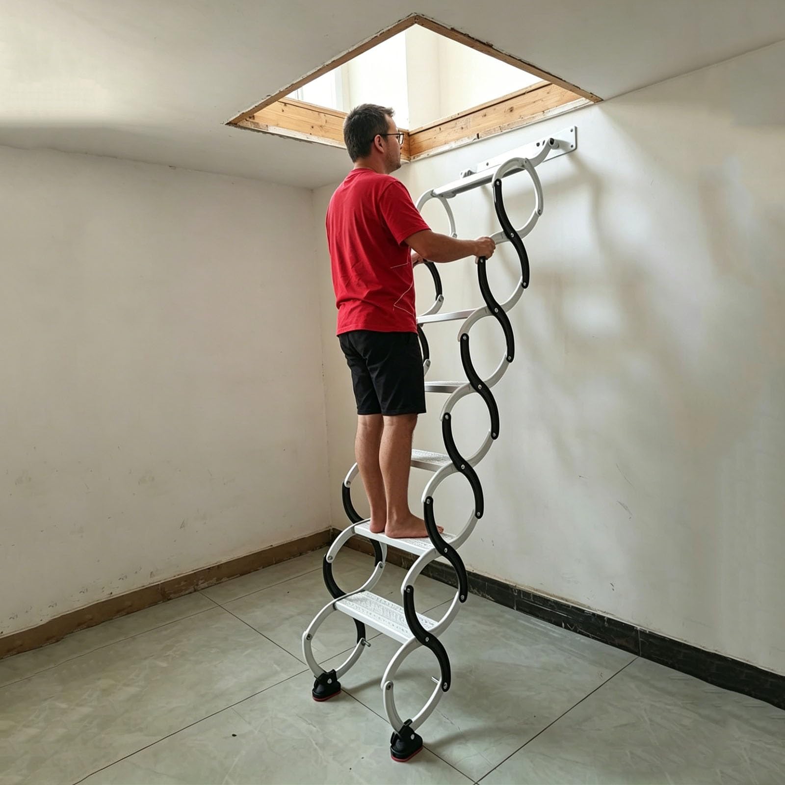 Escalera Plegable retráctil para ático, Escalera Plegable de Pared para ático, con Montaje en Techo, Escalera telescópica para Exteriores, Acero, Capacidad de 300 kg(8 Steps 205CM/80.7IN)