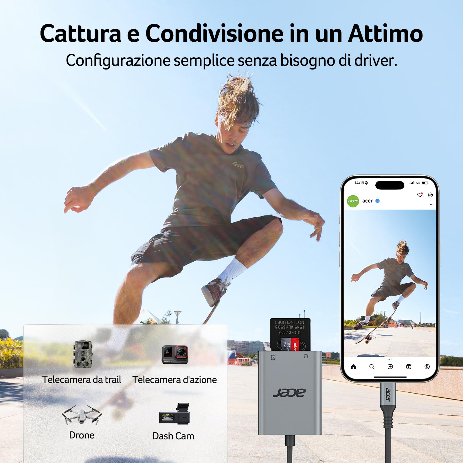 acer Lettore di schede SD USB C, Adattatore Schede di Memoria MicroSD USB C 5Gbps, Lettura e Scrittura Simultanea per SDHC/SDXC/MMC, Compatibile con iPhone 16 Plus Pro Max iPad Macbook Pro Air