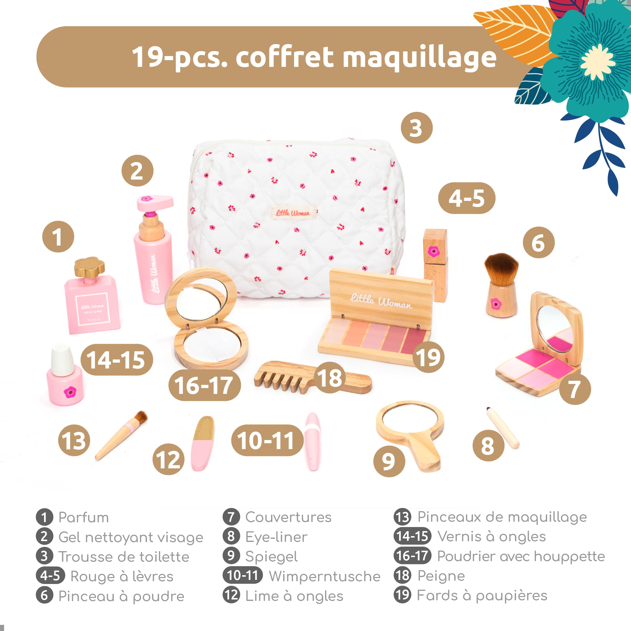 UMU® Coffret Maquillage Enfant en Bois – Set Cosmétique avec Rouge à Lèvres, Parfum, Poudre & Trousse de Maquillage – Jouet Beauté Fille dès 3 4 5 6 Ans
