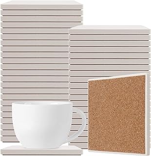 HOZEON 45 PCS 4 Inch Tile Coasters for Drinks, Ceramic Tiles for Crafts Coasters, Unglazed White Tiles with Cork Backing, DIY Coasters for Pouring, Mosaics, Decor