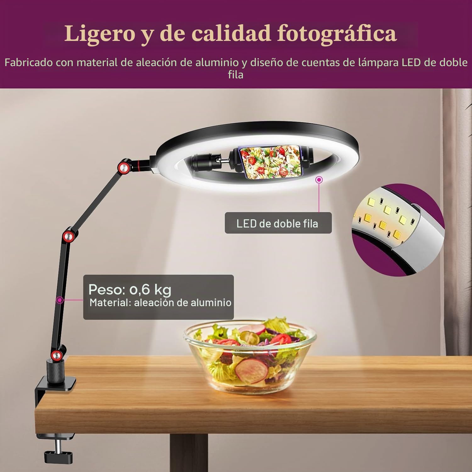10 '' Luz de Anillo para Escritorio con Soporte y Soporte, luz de Anillo de trípode Superior, luz de videoconferencia con Soporte de Brazo de Escritorio Ajustable para Youtube, TIK Tok