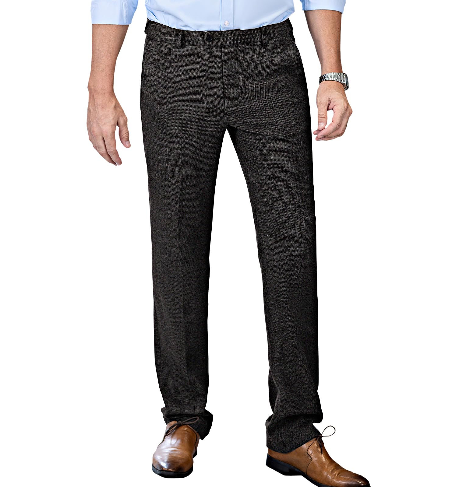 Pantalones de tweed espiga de lana gruesa plisada frontal traje vintage pantalones casuales
