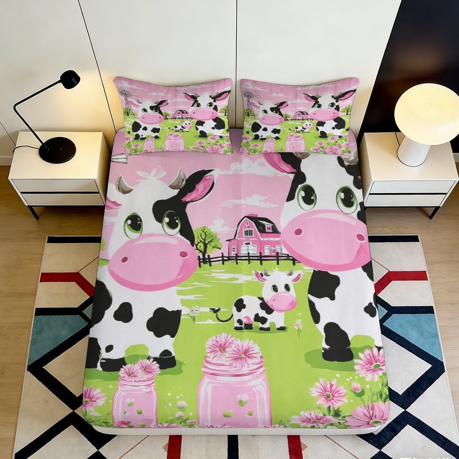 3D Printed Pink Cartoon Cow Fitted Sheet Microfiber Soft Farm Animal Bed Cover for Bedroom Guest Room Decor 90x200x25cm