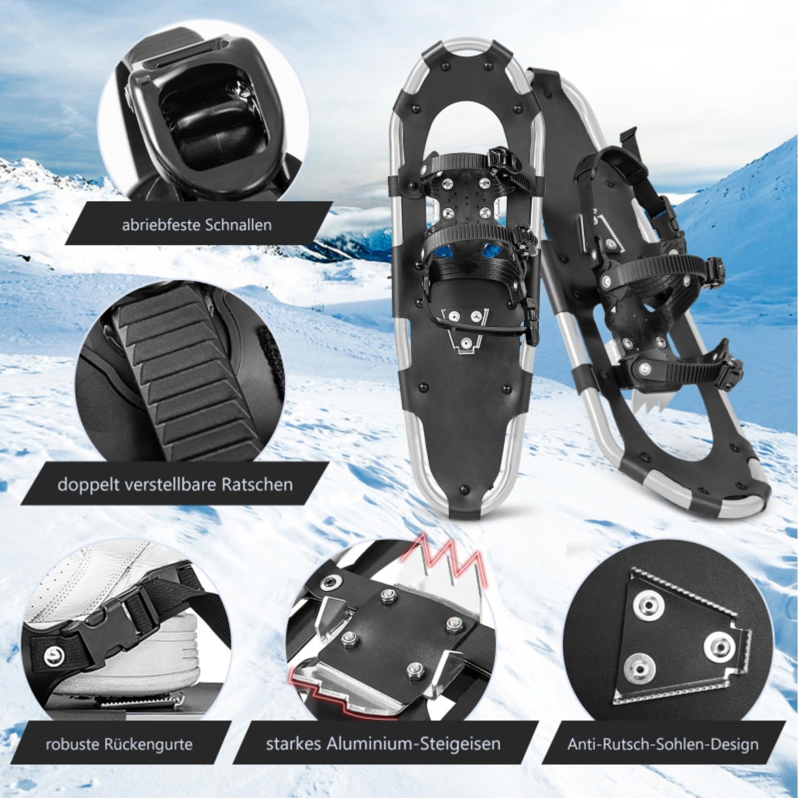 GYMAX leichte Alu Schneeschuhe, Geländeschneeschuh Set mit verstellbar Trekkingstöcke & Tragetasche, Bergausrüstung Wandern auf Schnee für Männer, Frauen, Jugendliche