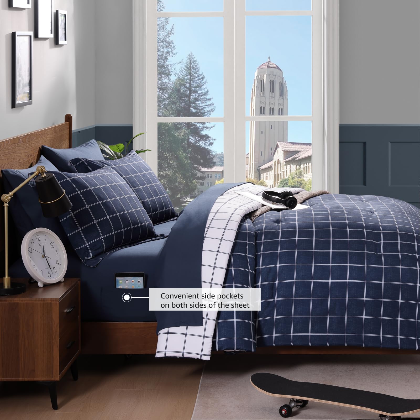 Plaid Queen Schmusetuch Set dunkelblau 7-teilig Wendebett in einer Tasche | Farmhouse Bettwäsche-Set, kariert, für Jungen, Mädchen, Teenager, mit Laken, Kissenbezügen und Kissenbezügen