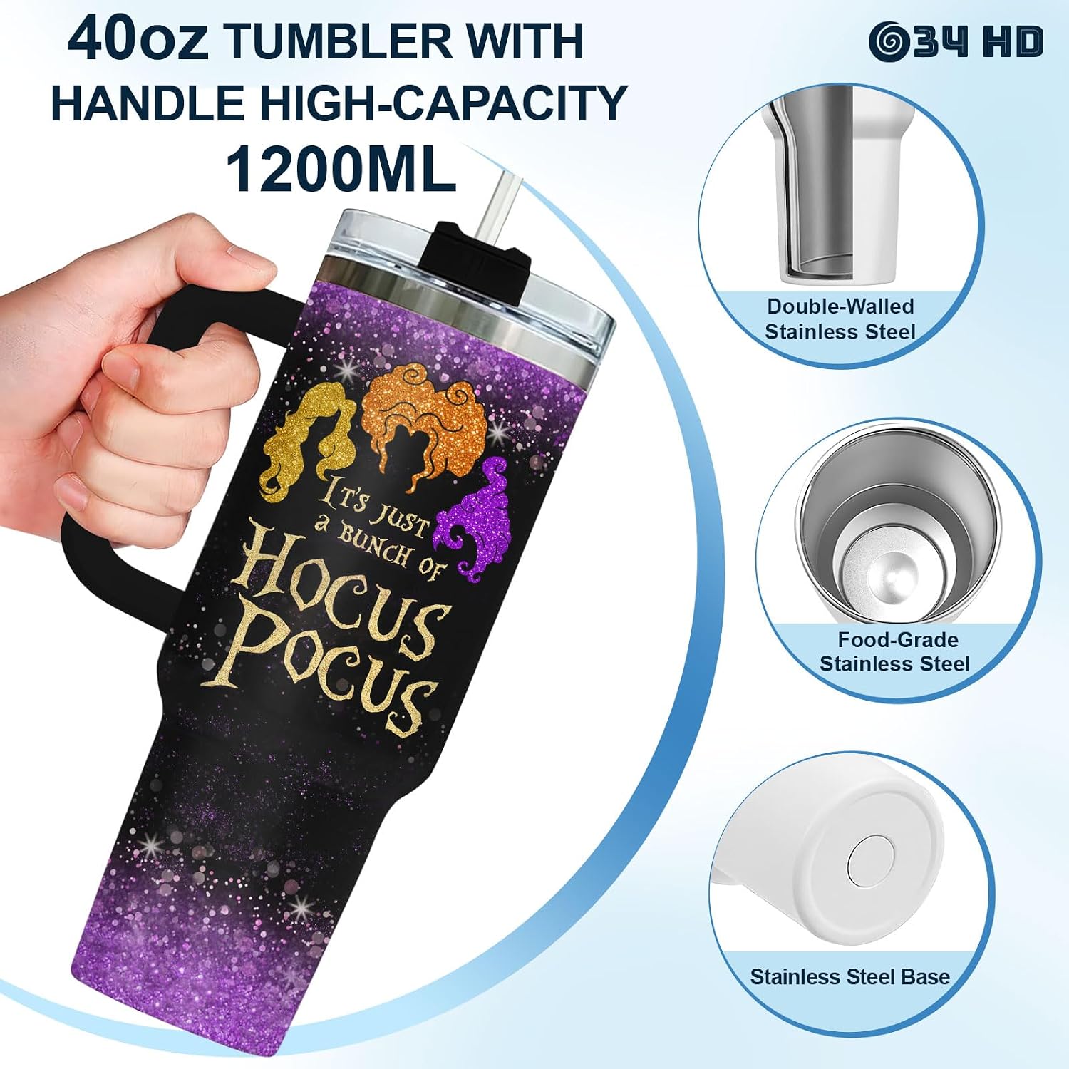 34HD Hocus Glitter Tumbler 40oz with Handle and Straw, Funny Witchy Insulated Travel Coffee Mug - Spooky Birthday Gift for Fiesta Fans, Him Her & Movie Lovers