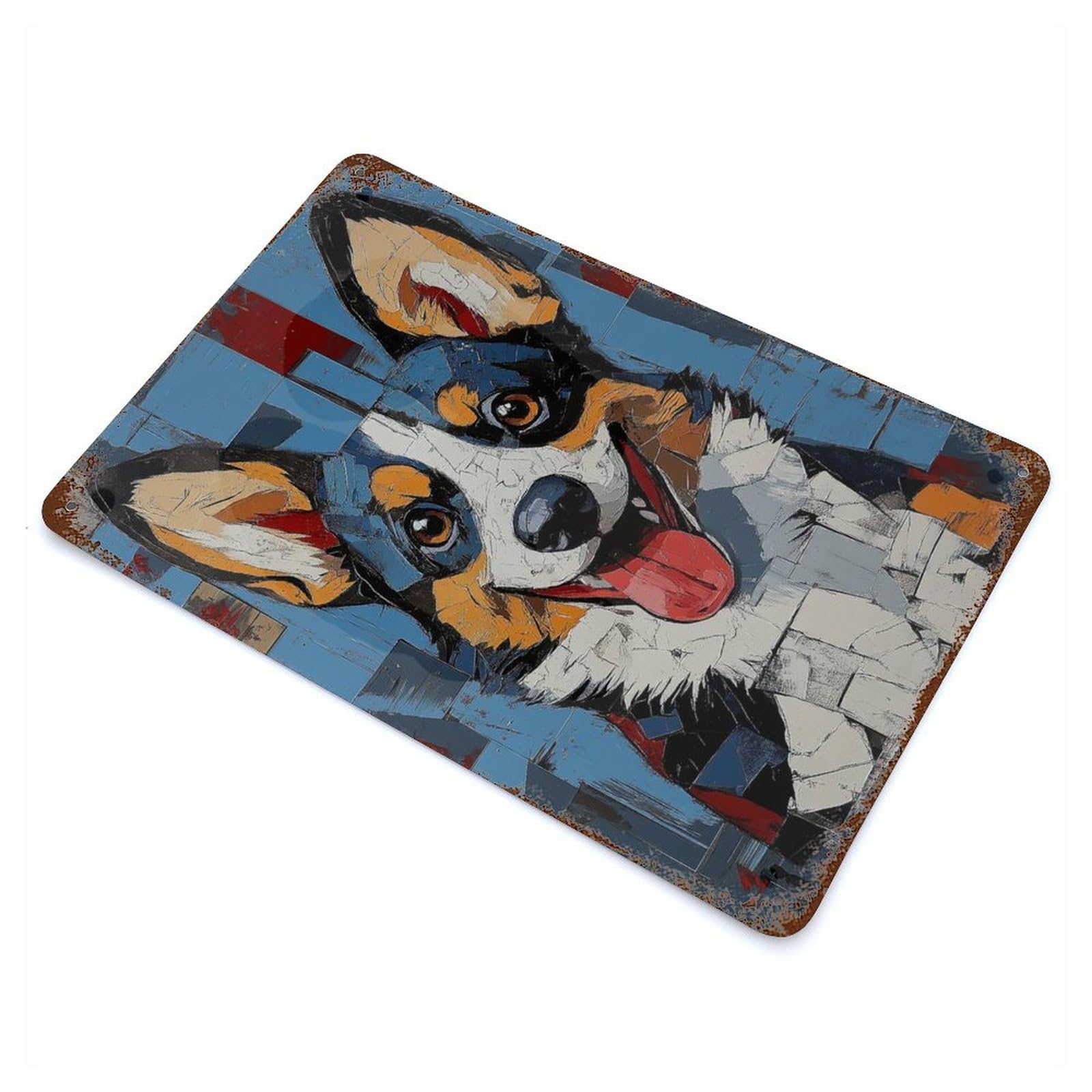 Smiling Corgi Painting Aged Metal Wall Plaque 11.8"x7.9", Old School Wall Decor for Garage, Pub Or Kitchen