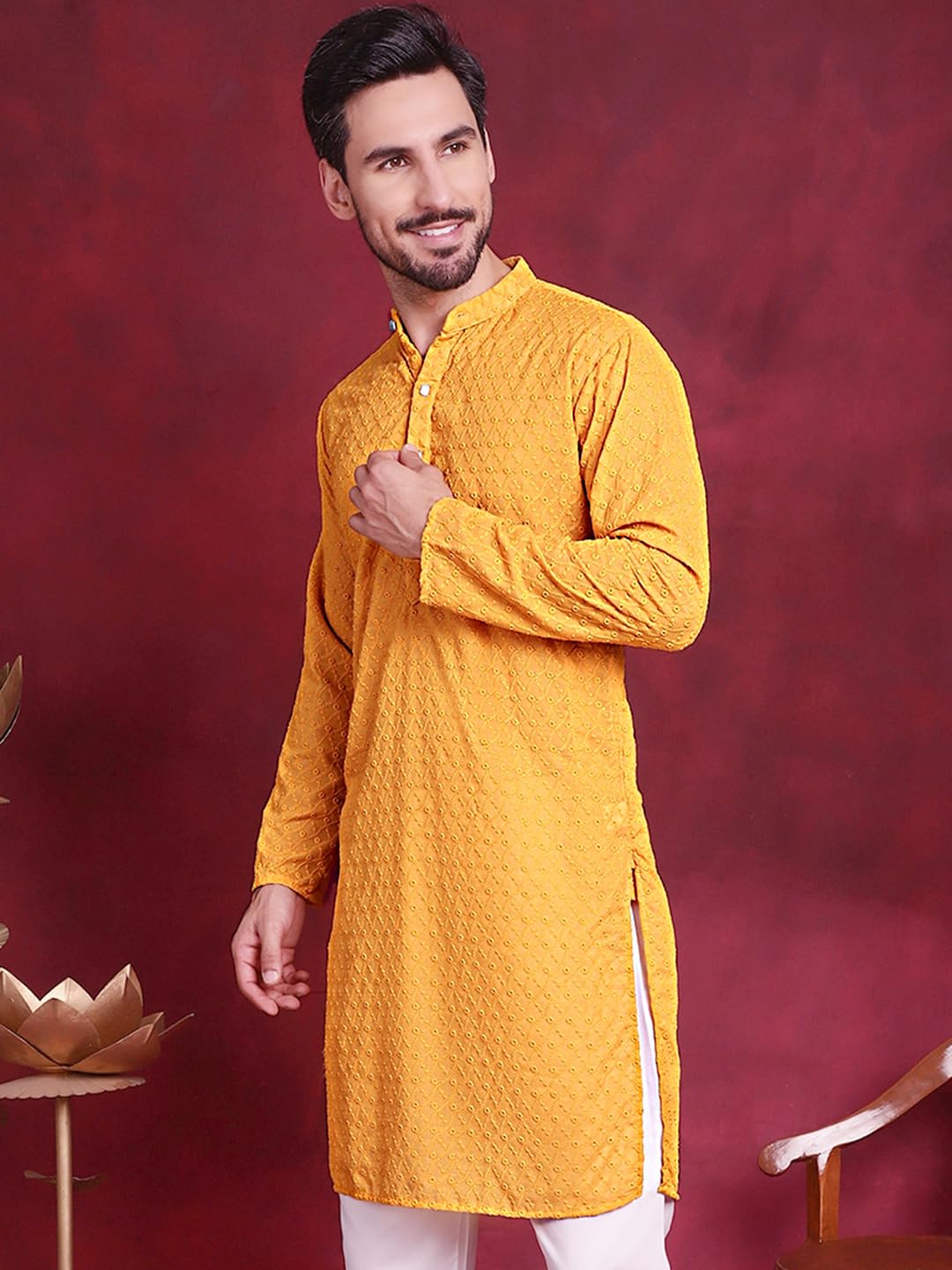Jompers Chikankari Pure Cotton Kurtas For Men (Mustard, M)