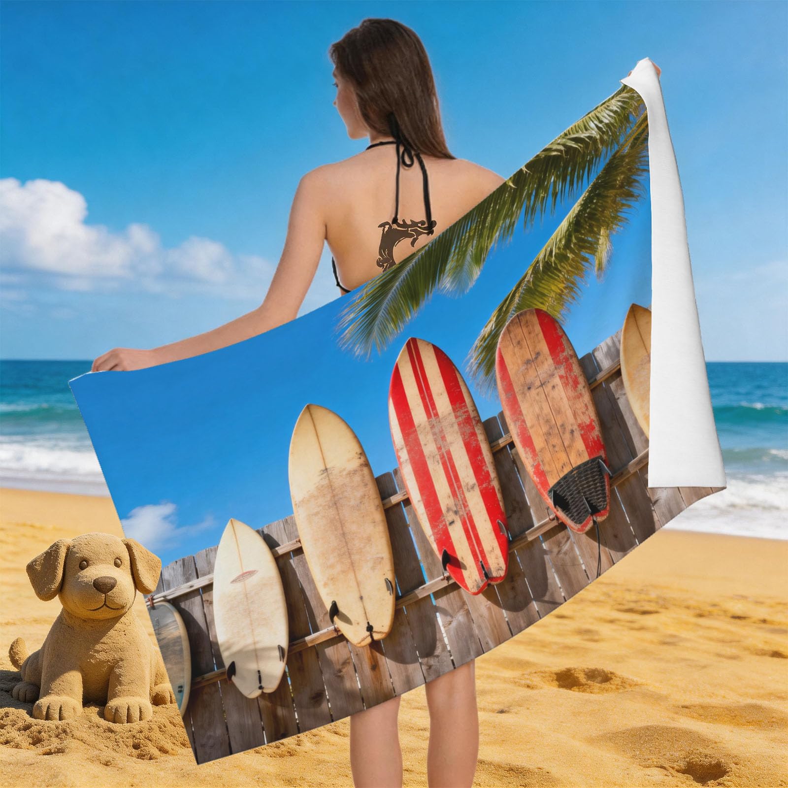 Leichong 3D Vintage Surfboard Beach Towel Microfiber Soft Quick Dry for Adults, Tropical Style Bath Towel Lightweight Soft Absorbent for Travel Swimming Pool Sports, 75 x 150 cm