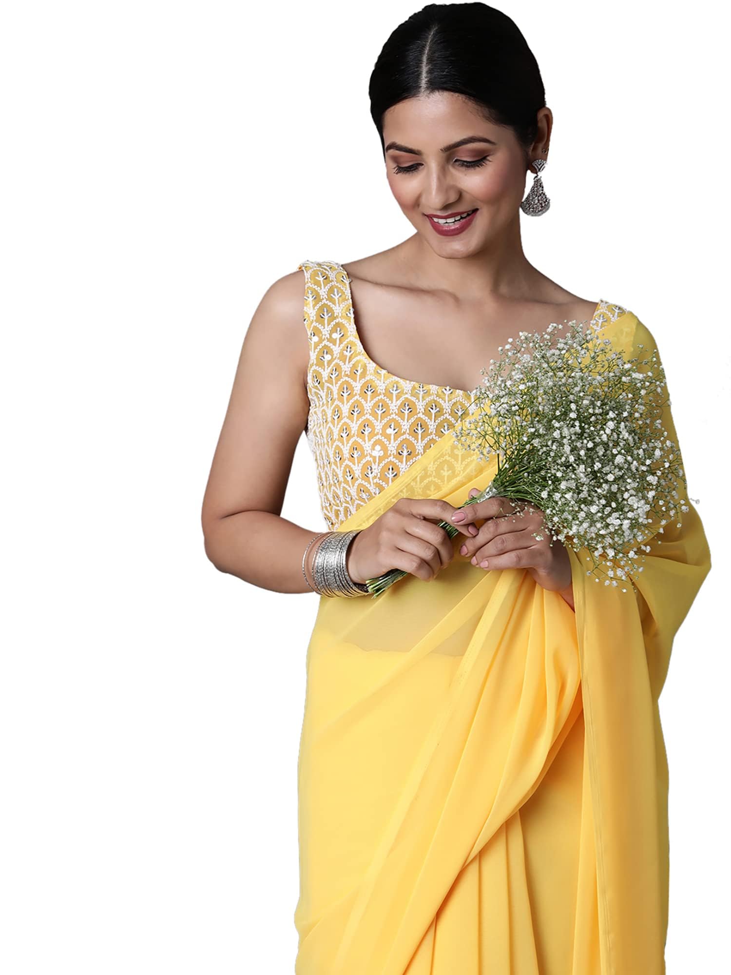 Nena FashionWomen's Solid Embellished Georgette Saree With Unstitched Blouse Piece