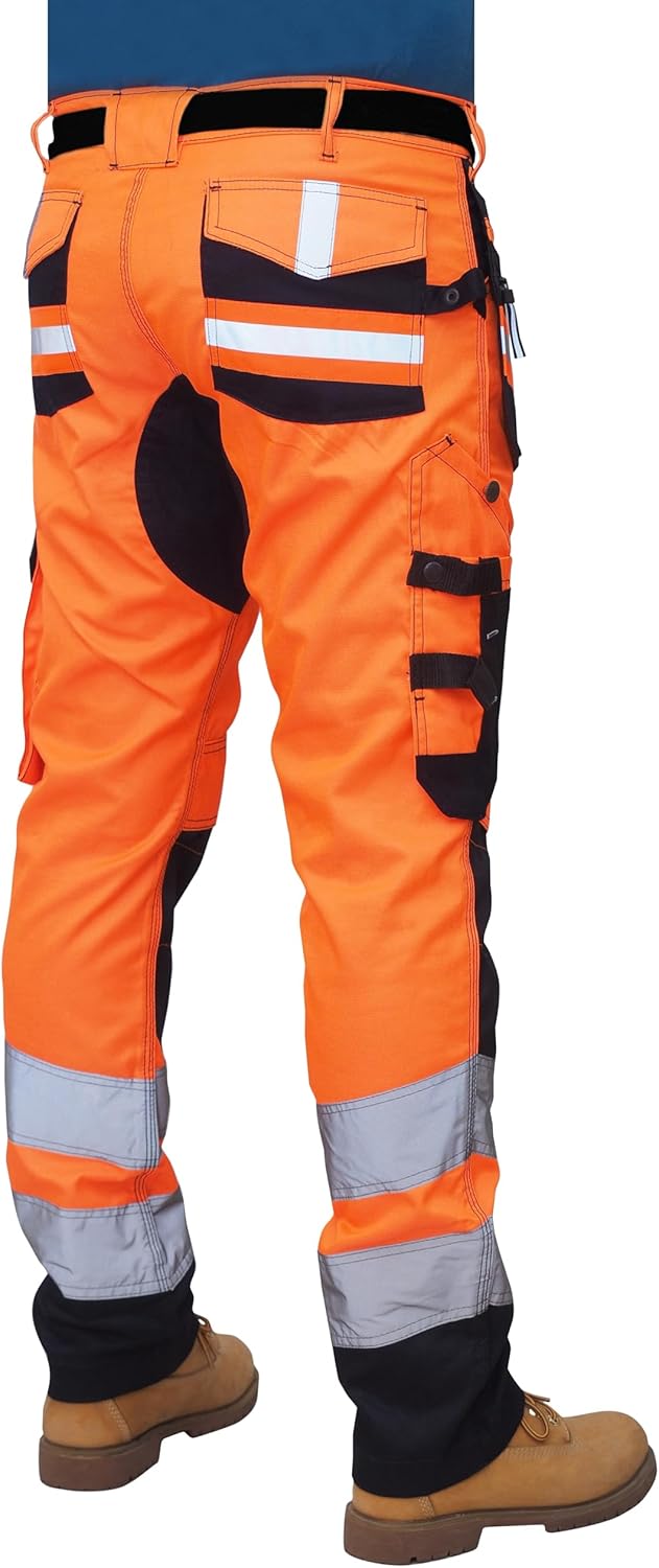 Pantalon De Travail Homme Multi-poches Hashoob - Blanc Avec Contrastes Noirs - Tissu Durable, Bande Haute Visibilité