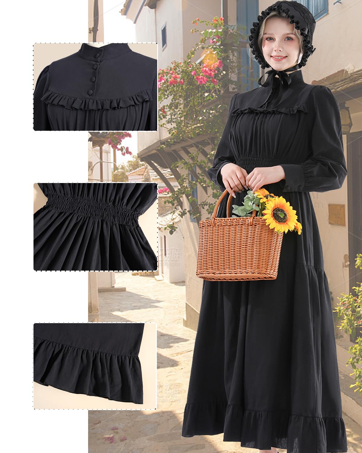 Fiamll Viktorianisches Kleid Renaissance Maxikleid Ballkleid Langarm Mittelalter Kleidung Damen Vintage Edwardianisches Kleid Abendkleid Elegant Freizeitkleider
