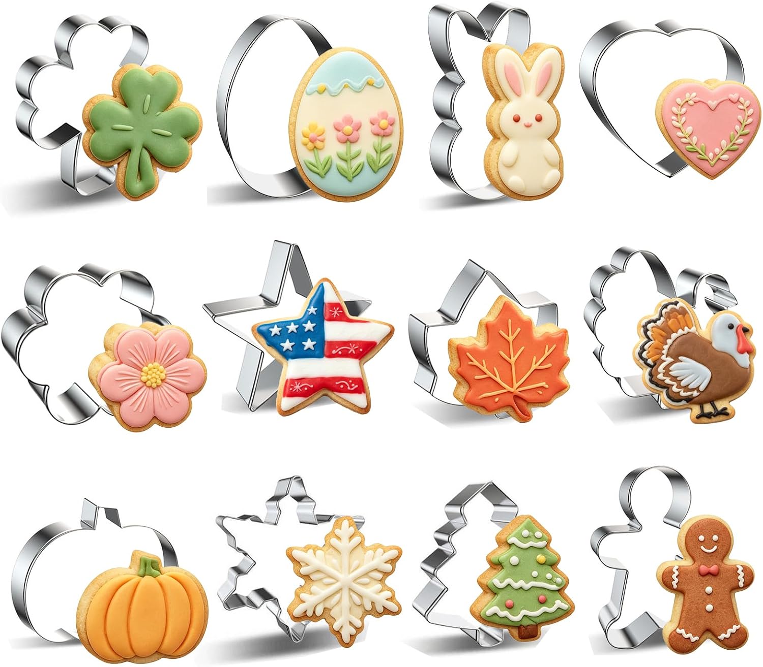 12 PCs Every Season Holiday Stainless Steel Variety Pack Cookie Cutters | Spring Flower Easter Shamrock Halloween Christmas St. Patrick's Day