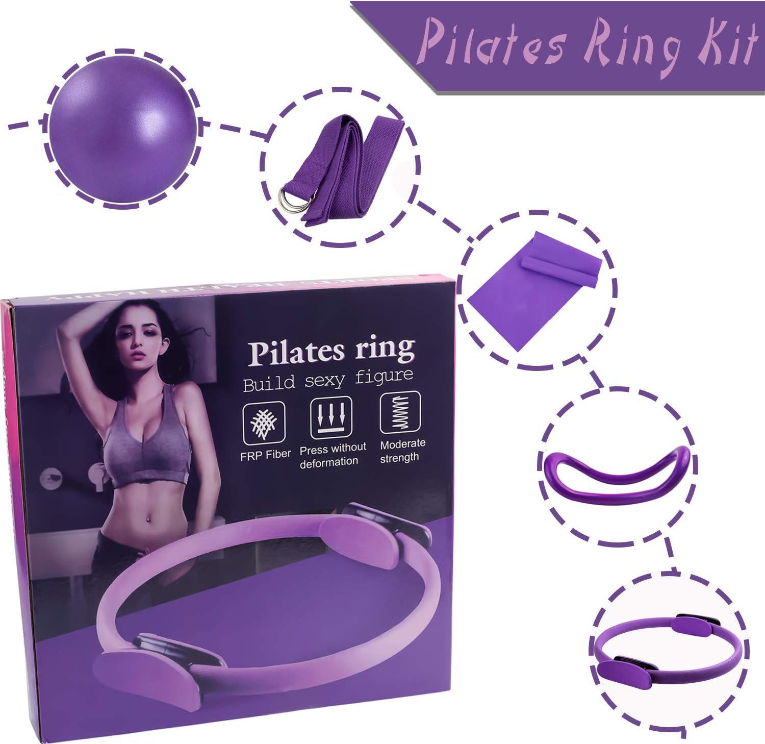 5 Pcs Pilates Ring Set 14" Yoga Fitness Magic Circle Pilates Equipment for Home Workouts Include Ball,Stretching Strap,Extension Strap and Training Ring for Fitness kit : Sports & Outdoors