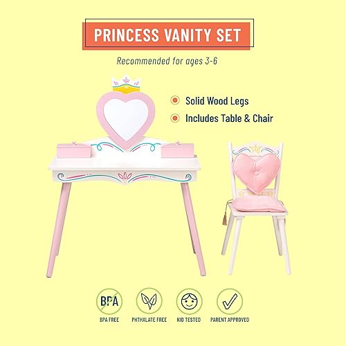 Miniatura 4 de Wildkin Juego de tocador y silla de madera de princesa para niñas, con espejo y joyero adjunto y caja de música, incluye silla a juego con respaldo