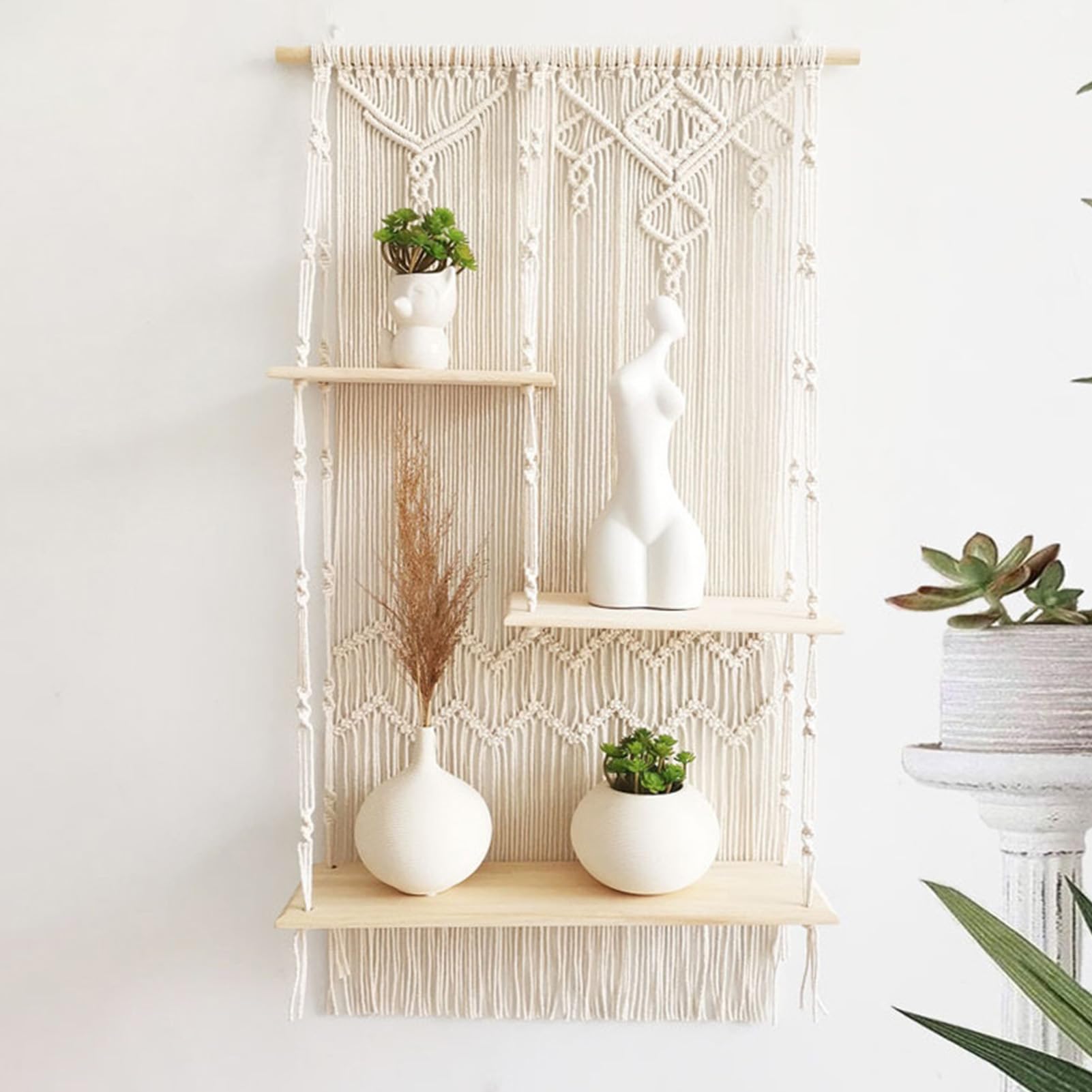 VAODO Tapestry, Wall Hanging with 3 Shelves, Bohemian Style Handwoven Tiered Wall Shelves, Home Decor Handmade Crafts, Suitable for Balcony, Living Room, Bedroom