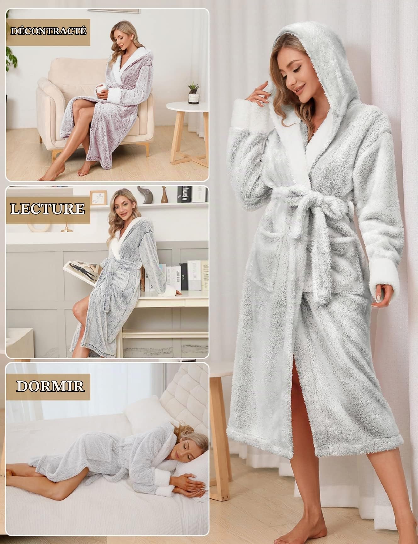 Nadeer Robe de Chambre Polaire pour Femme Homme Longue Peignoir Peignoir de Bain à Capuche en Polaire Douce Unisexe Cravate Taille Robe de Chambre Séchage Peignoir