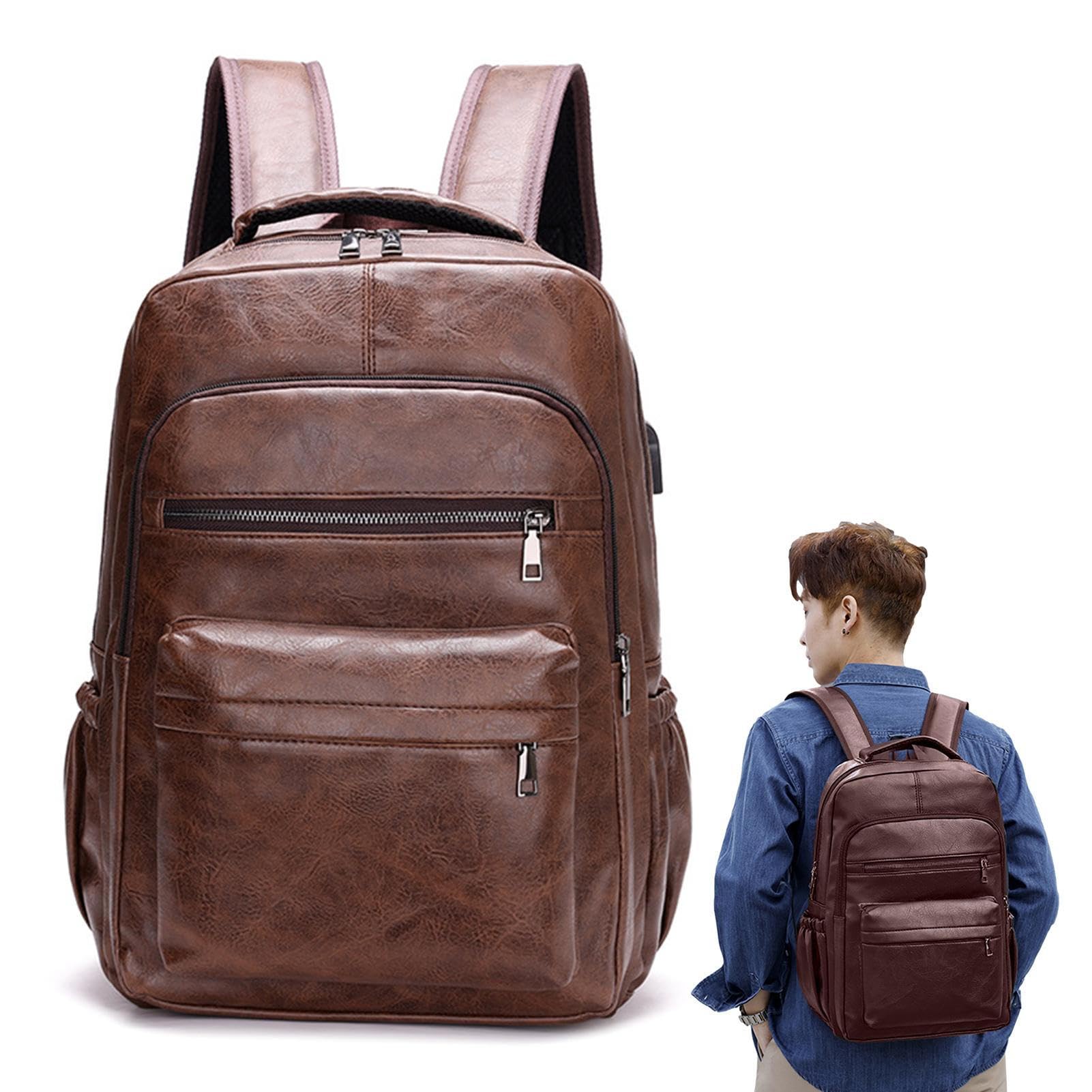 Zaino per computer portatile da uomo, in pelle PU, con porta di ricarica USB, tasche casual, borsa per libri, zaino per lavoro, escursioni, viaggi, campeggio, per laptop da 15,6 pollici