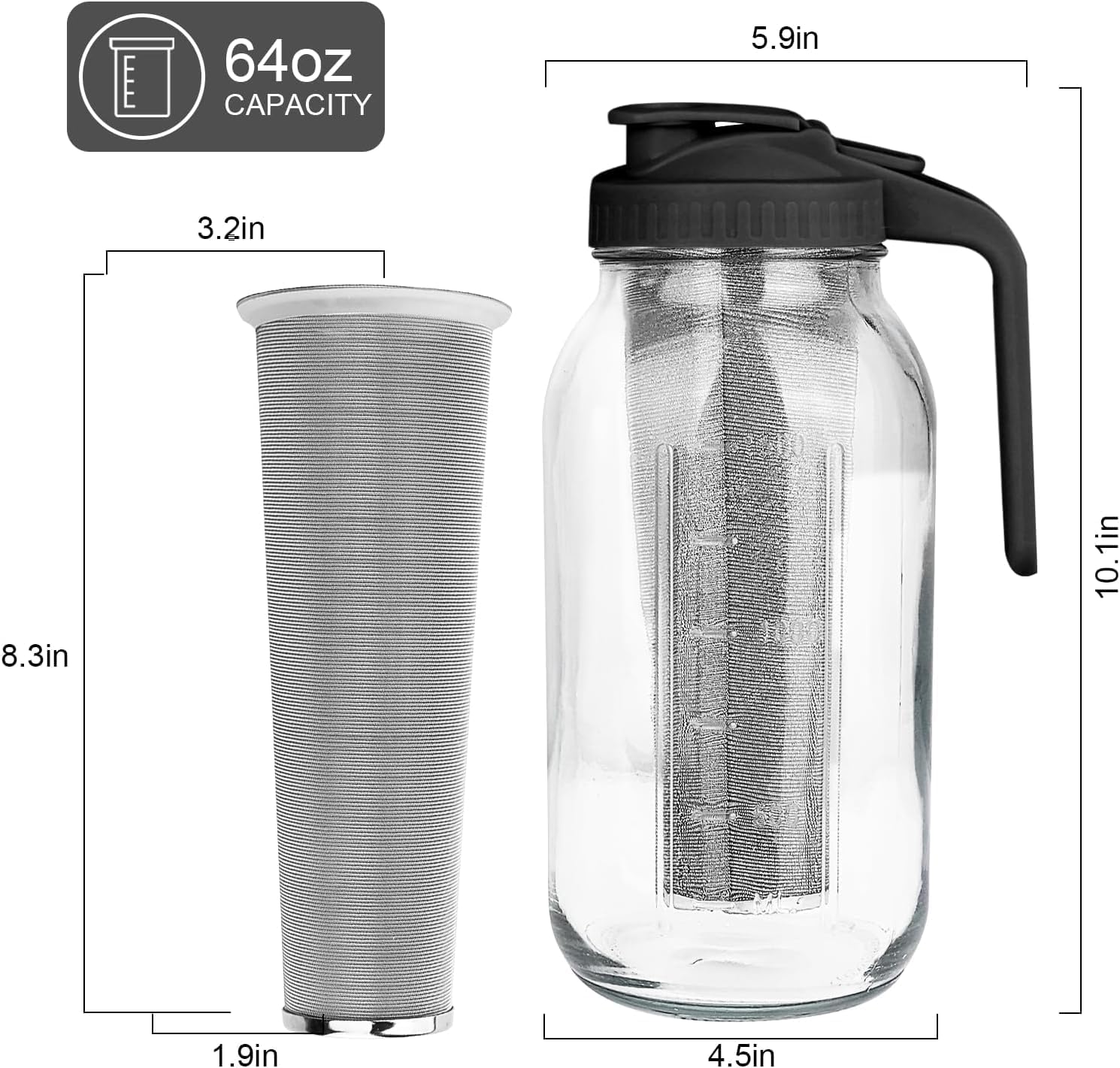 Cold Brew Coffee Maker Jar - 64oz Thick Glass Multipurpose Mason Pitcher Spout Lid with Handle & Stainless Steel Filter for Iced Coffee, Lemonade, Ice Tea, Homemade Fruit Drinks Container (Black)