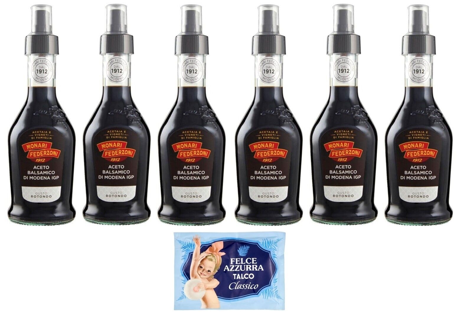 Monari Federzoni Aceto Balsamico di Modena I.G.P.Gusto Rotondo, Spray vinaigre balsamique de Modène I.G.P. Bouteille en verre de 250 ml + 1 sachet de talc Felce Azzurra gratuit, sachet de 100 g