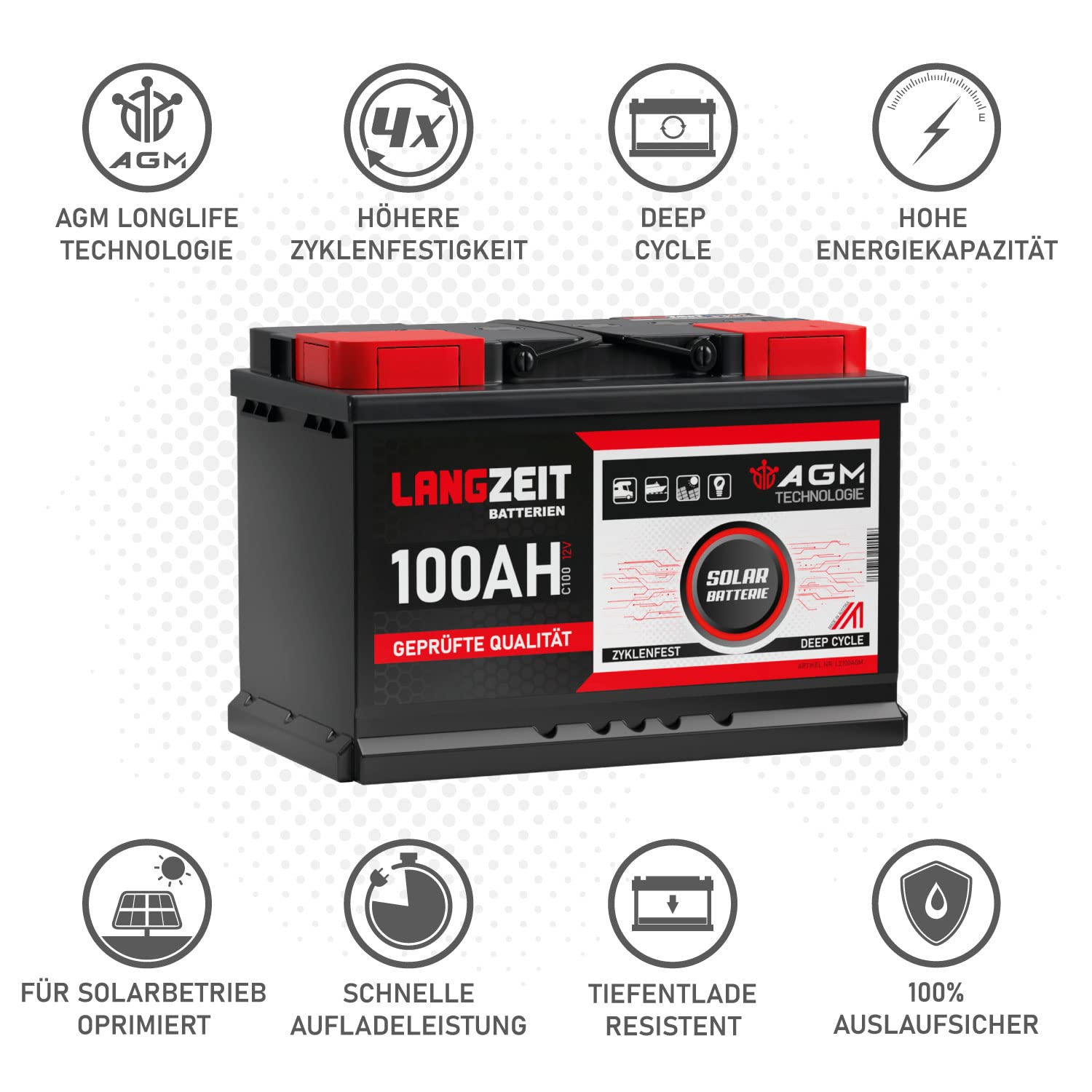 LANGZEIT AGM Batterie 100Ah 12V Solarbatterie Wohnmobil Boot ersetzt 95Ah