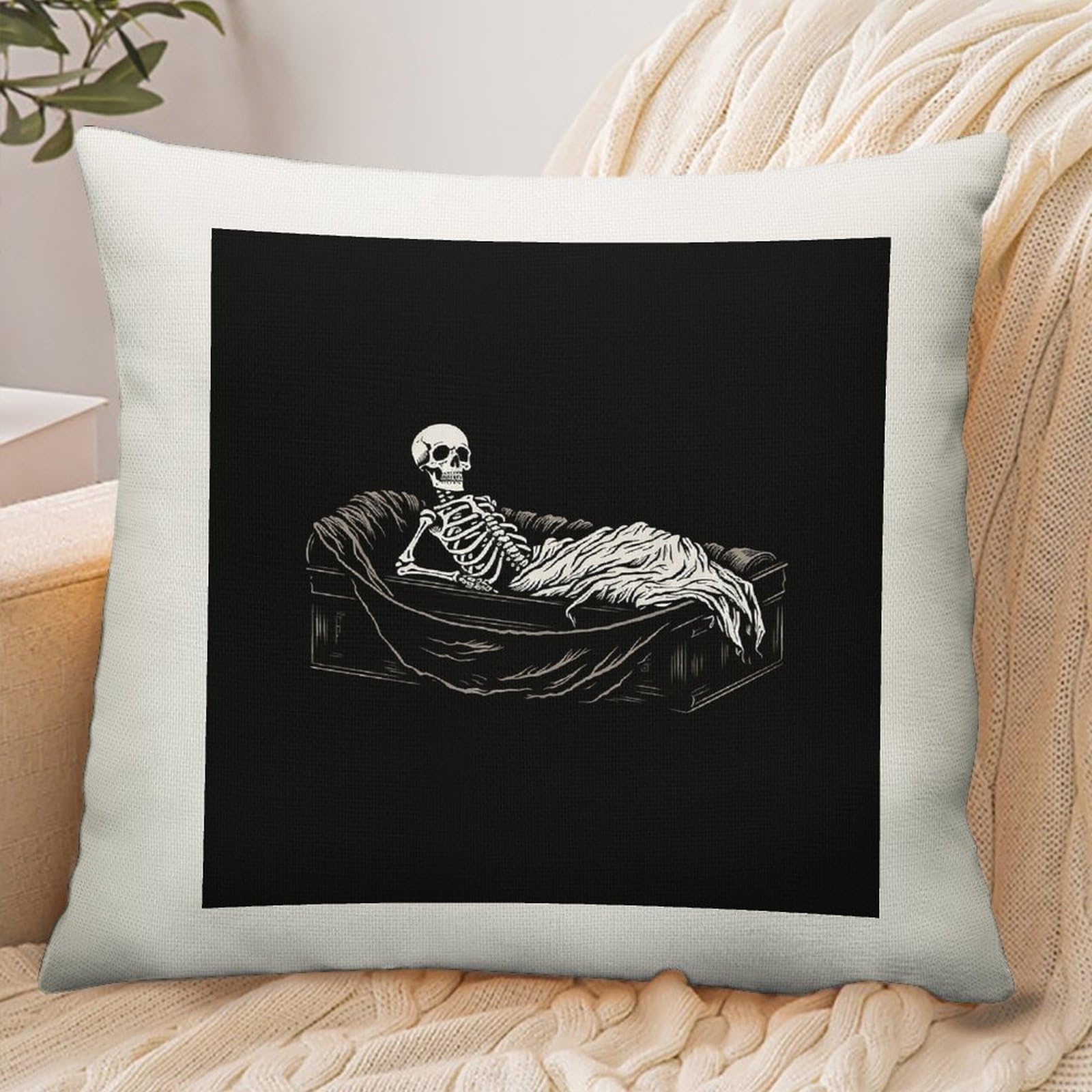 Adfgyerh Style Skeleton In The Coffin Pillow Cover Breathable,Pillowcases Boho Decorative Envelope Closure,Throw Pillow Covers For Beach,Patio,Balcony,Couch Living Room 18 * 18In