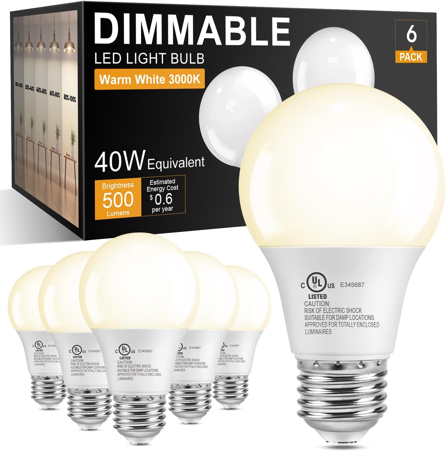 TJOY Dimmable LED Light Bulbs 40 Watt Equivalent, E26 Base A19 Standard LED Bulbs, Soft Warm White 3000K Lightbulbs, 5W Energy Saving Light Bulbs for Home, 500 LM, 80+ CRI, 120V, UL, 6 Pack