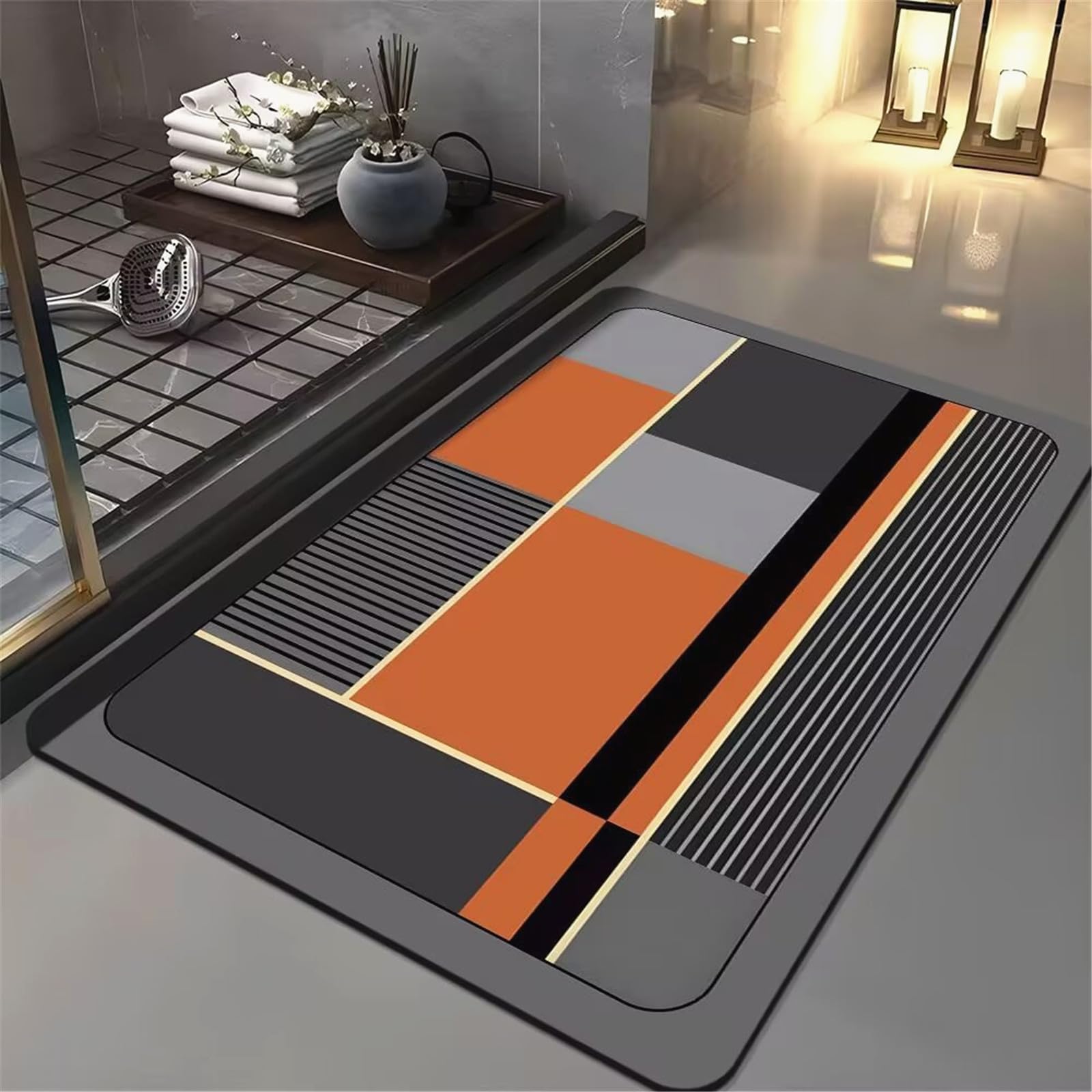 Odot Alfombra Baño Secado Rápido Alfombrilla de Baño Antideslizante de Piedra Diatomita Súper Absorbente Alfombra Felpudo Suaves para bañera, Ducha y Cocina - Mármol Negro (Naranja,30x40cm)