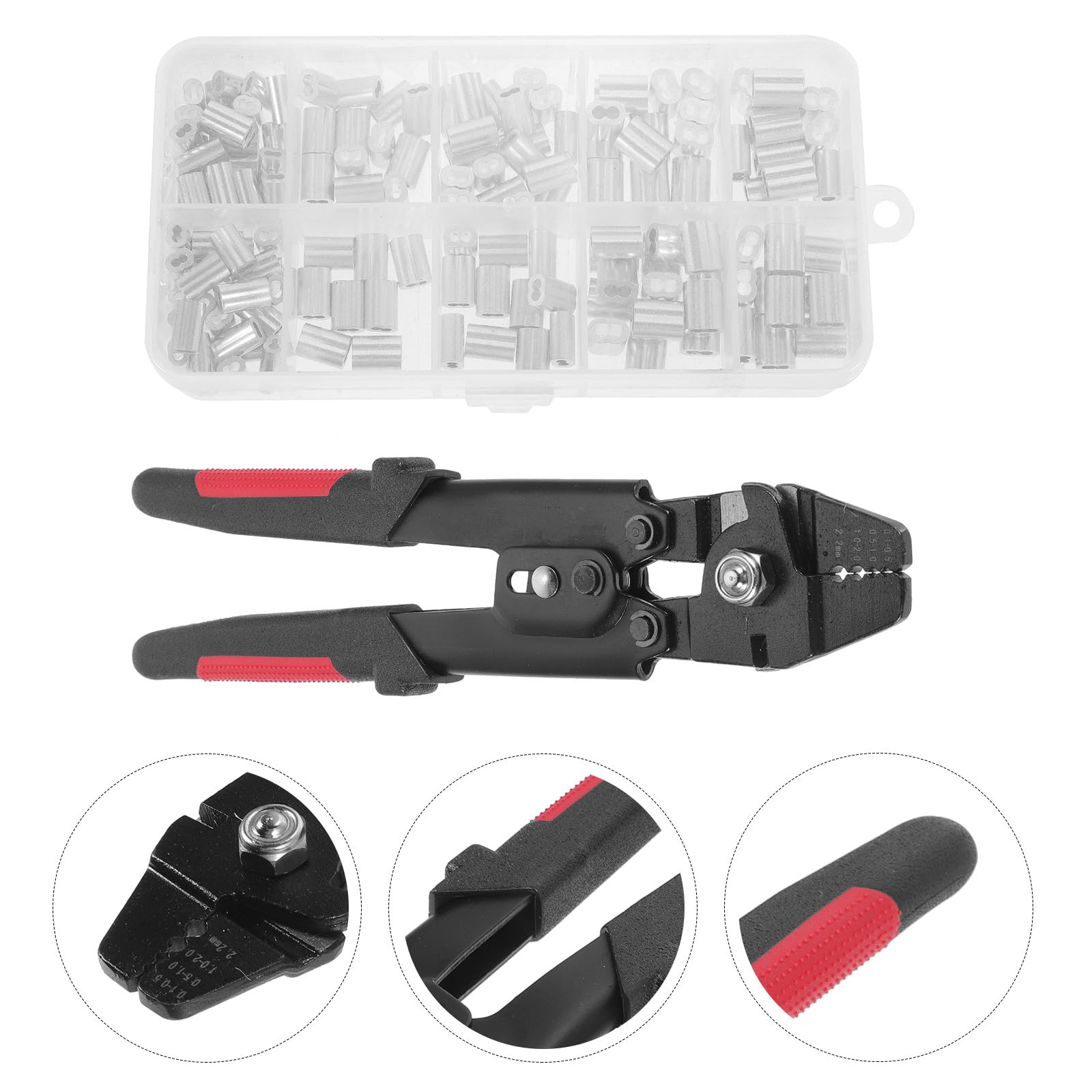 Lurrose Pince à Sertir en Acier Inoxydable Kit 150 Manchons Aluminium 8 Formes, Outil de Sertissage de Fils pour Pêche et Câbles, Poignée Antidérapante Portable pour Usage Extérieur,