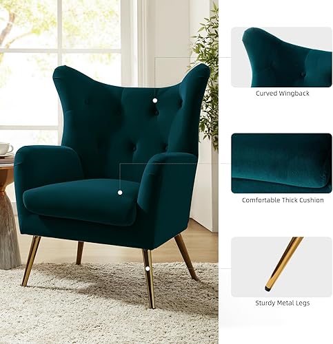 Miniatura 4 de HULALA HOME Velvet Accent Chair, Modern Wingback Arm Chair with Metal Gold Legs, Velvet Tufted Upholstered for Living Room Bedroom(Teal) Verde