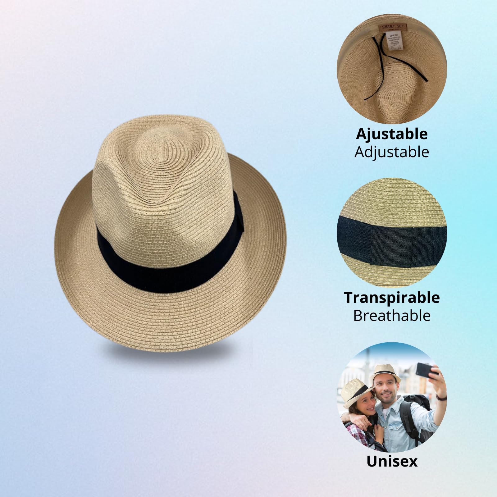 Sombrero de Panamá Unisex de Paja Fedora para Hombres y Mujeres - Enrollable para Verano y Playa
