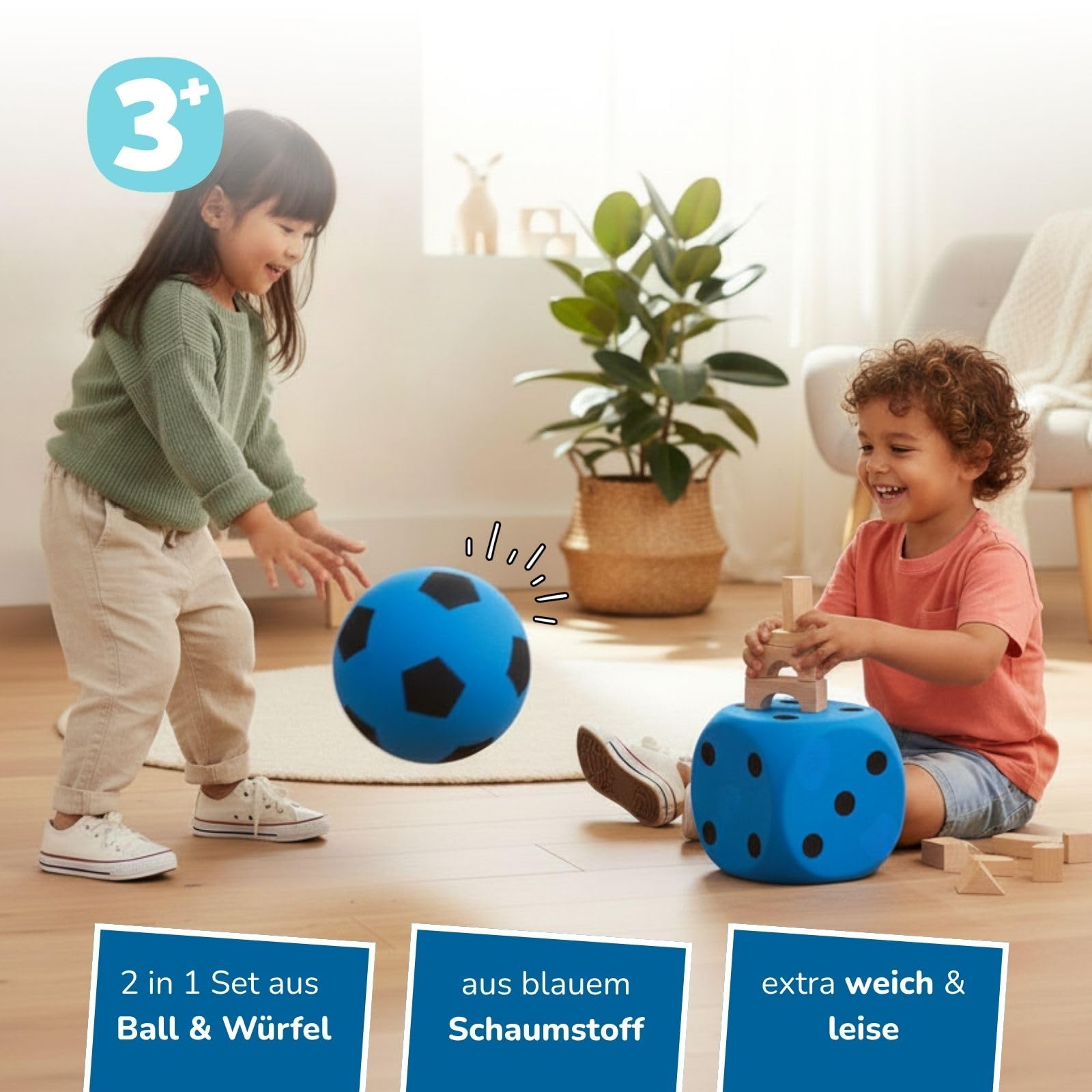 alldoro 68775 - Schaumstoffball & Schaumstoffwürfel Set, blau, extra weich & leise, Softball Ø 20 cm & Würfel 15 cm, Indoor & Outdoor, für Kinder ab 3 Jahre