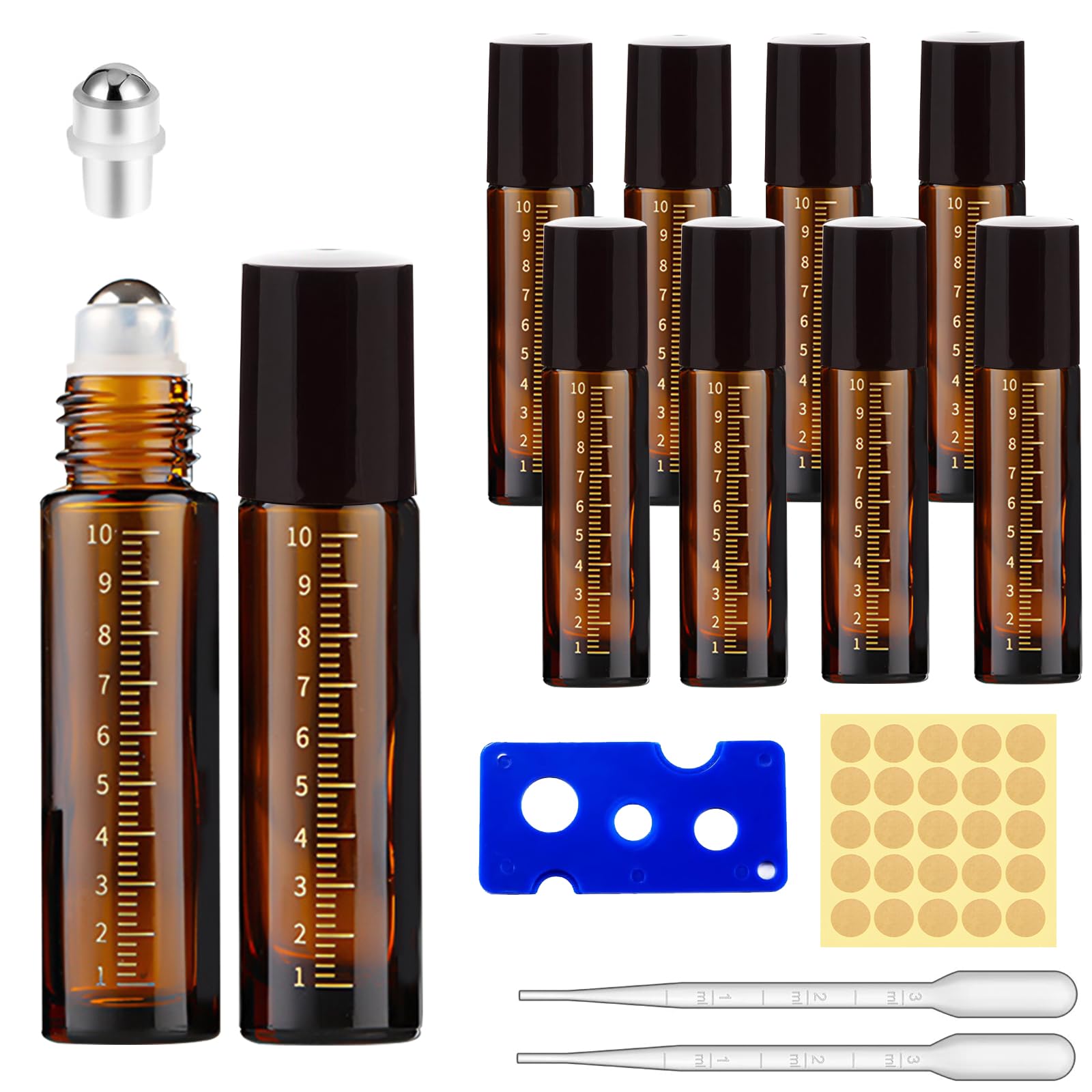 THINTON Roll on - Bottiglia vuota da 10 ml, 8 bottiglie di vetro Roll on per olio essenziale, ricaricabili, per oli, profumi, cosmetici, massaggi