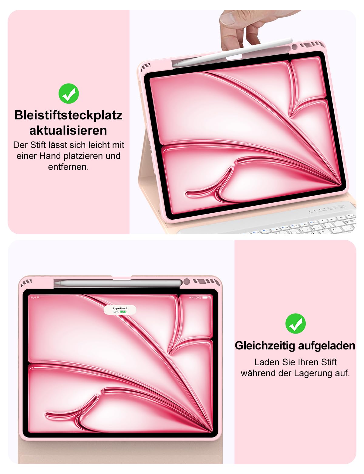 GUPENAA Toetsenbordhoes voor iPad Air 13-inch (M2) 2024 (A2898, A2899, A2900) met Trackpad, Ingebouwde Potloodhouder, Magnetisch Afneembaar Draadloos Bluetooth-Toetsenbord met Muis,Roze