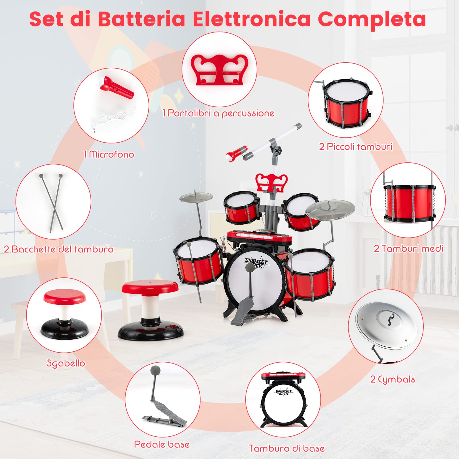 COSTWAY Set di Batteria per Bambini, Batteria Jazz con Tastiera Microfono e Leggio, Strumento Elettrico con Sgabello, Regalo per Bambini 3+ Anni, Rosso