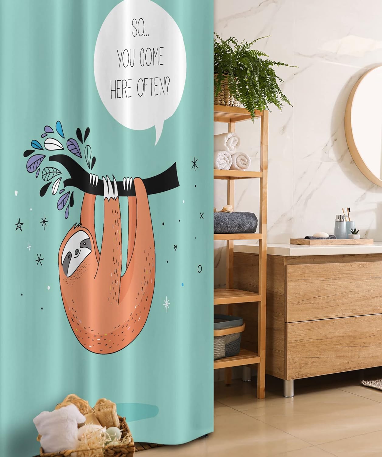 Ambesonne Animal Stall Shower Curtain, Cartoon Design Print Sloth a Flirty Words So You Come Here Often Color Image, Fabric Bathroom Decor Set with Hooks, 36" W x 72" L, Seafoam Multicolor