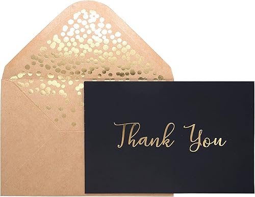 Partay Shenanigans Tarjetas de agradecimiento  Paquete de 50 unidades negras con lámina dorada con 52 sobres de papel kraft en relieve de 4 x 6