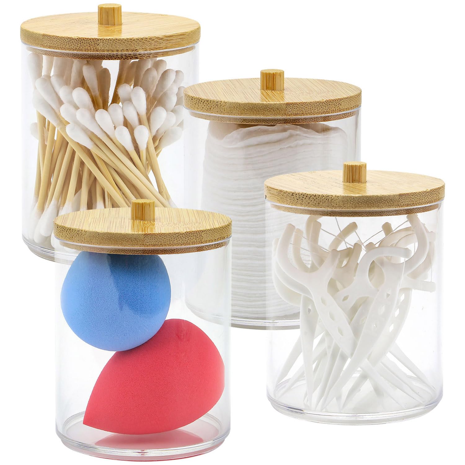 4pc Acrylic Qtips Holder Dispenser with Bamboo Lids,Cotton Pad Round Swab Holder