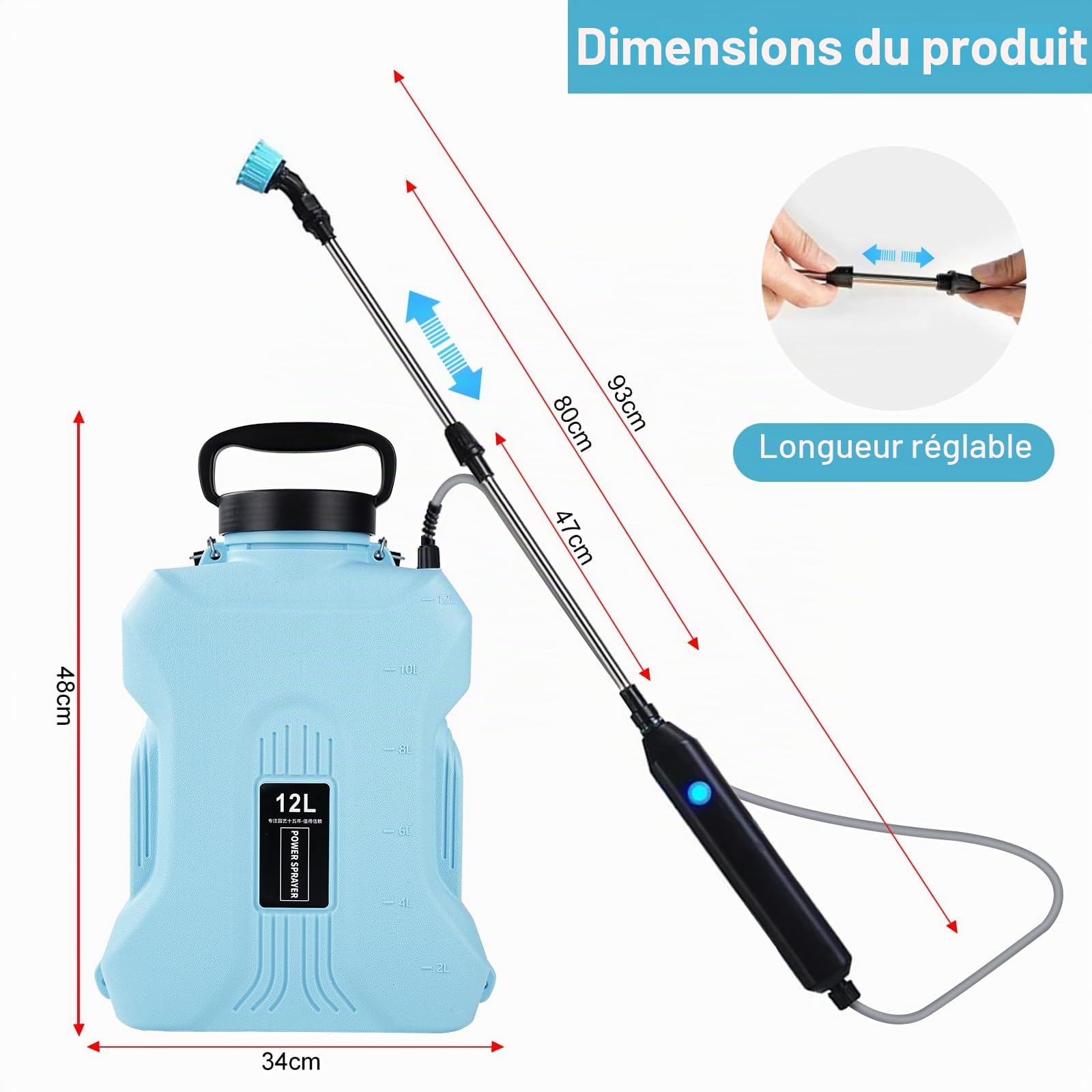 Pulvérisateur électrique à dos de capacité 12 L pour jardinage (batterie intégrée : 2000 mAh)