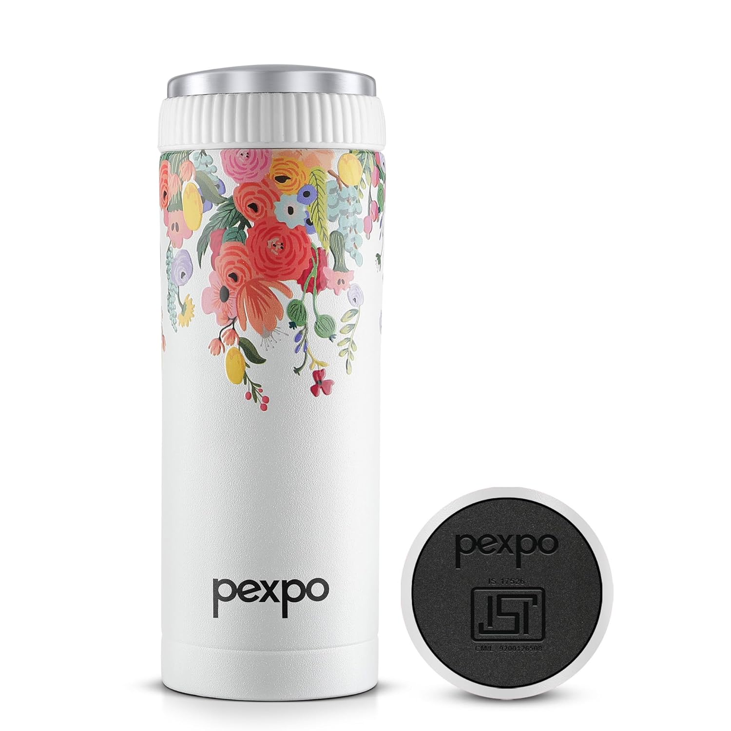 Pexpo Crypto Art 500 ISI Certified Stainless Steel Vacuum Insulated Coffee Tumbler – 430ml | Hot & Cold | Double Wall Flask | Leak Proof | Travel Mug for Office and Car – White UV Flower Print