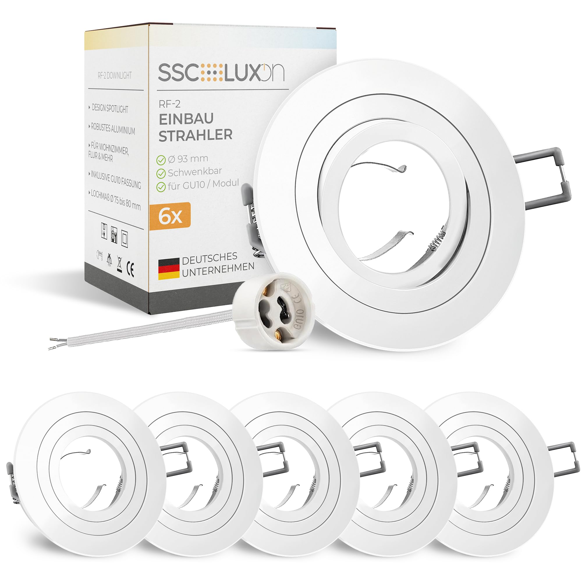 SSC-LUXon Okrągły, matowy biały, obrotowy, 6 reflektorów GU10, kompatybilny z modułem LED, wycięcie 75-80 mm, do salonu, kuchni i sypialni