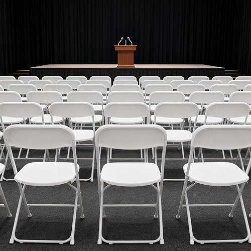 Miniatura 8 de 10 White Folding Chairs, Stackable & Suitable for Indoor & Outdoor Use. Features a Sturdy Steel Frame Supporting Up to 350 Pounds, Ideal for Events,