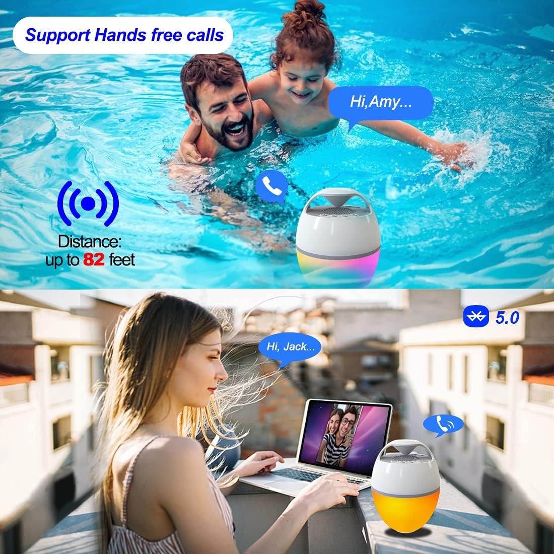 People using the Blufree speaker for hands-free calls in a pool and on a balcony.