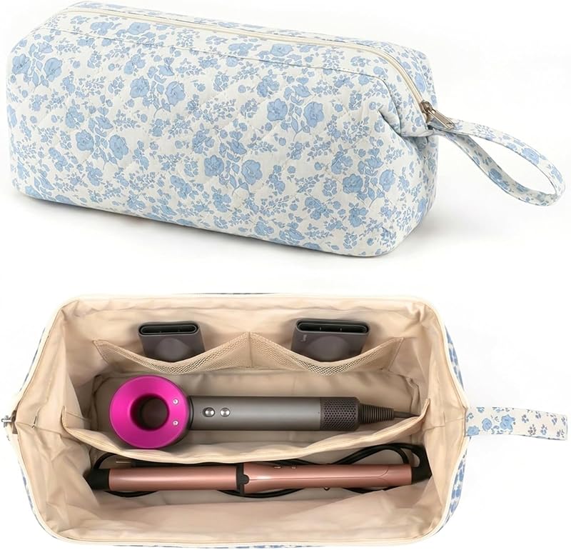Quilted Floral Hair Tools Bag Compatible with Dyson Airwrap Shark FlexStyle | For curling iron hair dryer styling tools, portable travel storage, organizer case for women