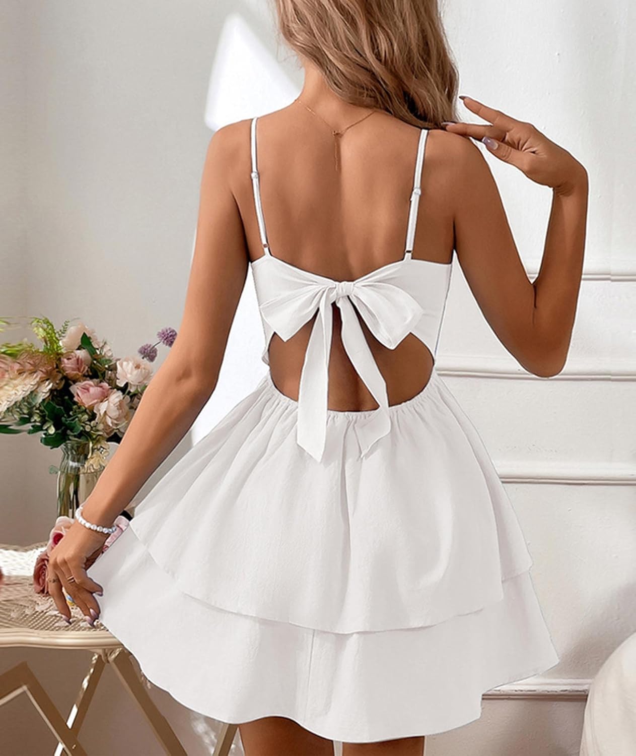 SEMATOMALA Women's Tie Back Spaghetti Strap Skater Mini Dress Tiered Ruffle Fit and Flared A Line Sexy Cute Short Party Dress - Image 6