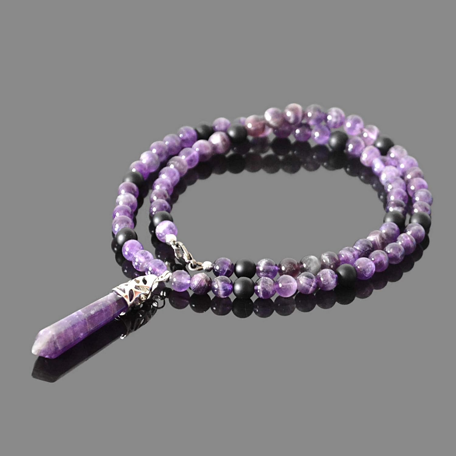 Amethyst and Black Onyx Yoga Healing Crystal February Birthstone Jewelry Long Necklace for Men - Image 7