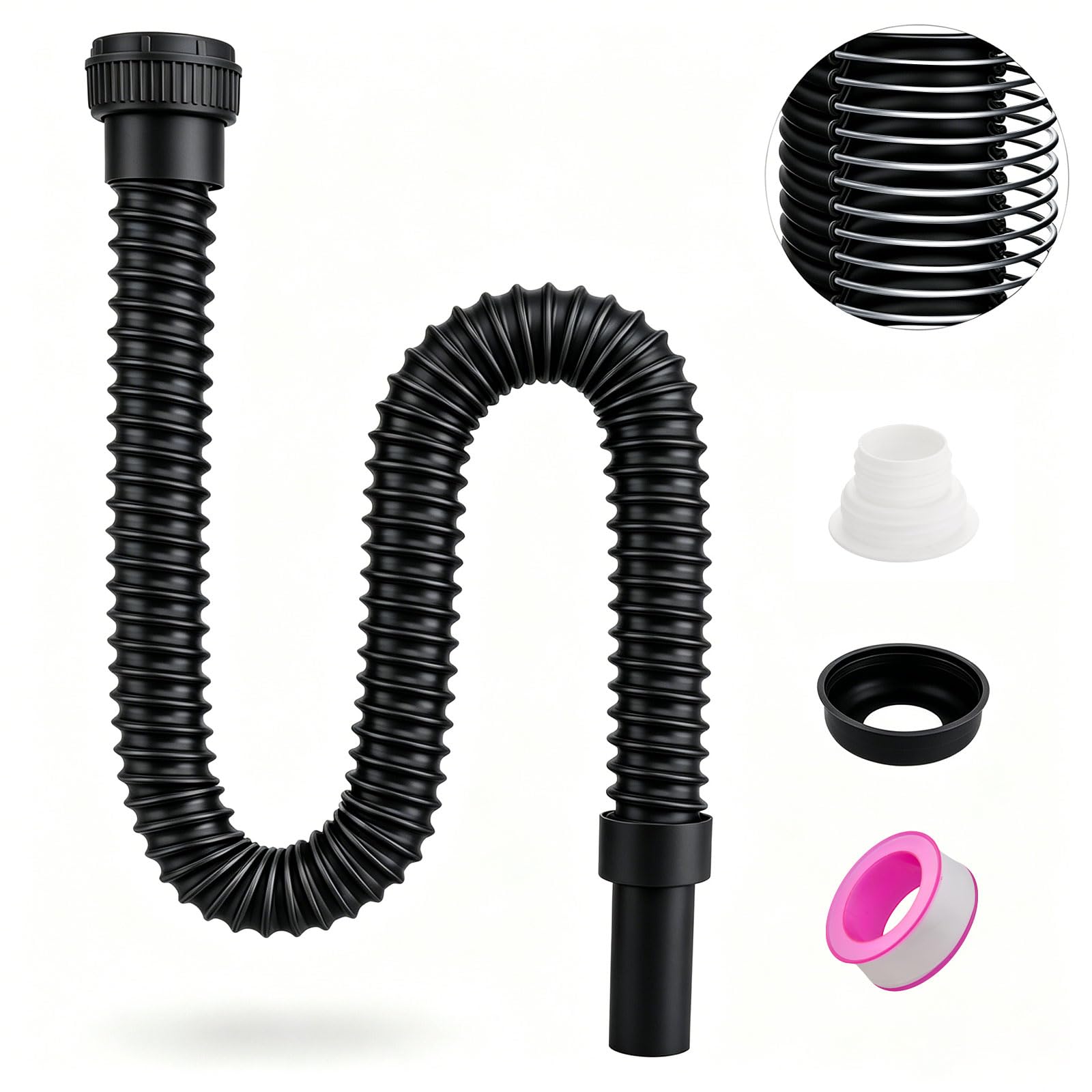 Pronese Flexible 40mm Waste Pipe, Kitchen Sink Waste kit with Reinforced Steel Wire with an Adapter, Fits G1 1/4" & G1 1/2" （≈40 & 45mm） Odour-Proof Trap/P-Trap for Kitchen & Bathroom,