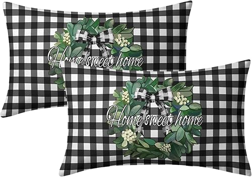 Juego de 2 fundas de almohada lumbar de 12 x 20 pulgadas con diseño de flores de primavera y diseño de corona de búfalo blanco y negro, fundas