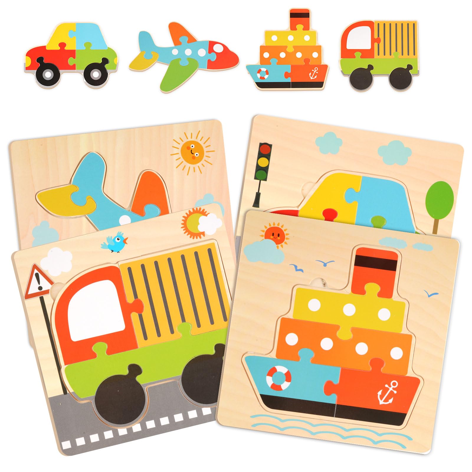 4 Holzpuzzle Für Kleinkinder Ab 1-3 Jahre – Montessori Spielzeug Mit Süßen Motiven