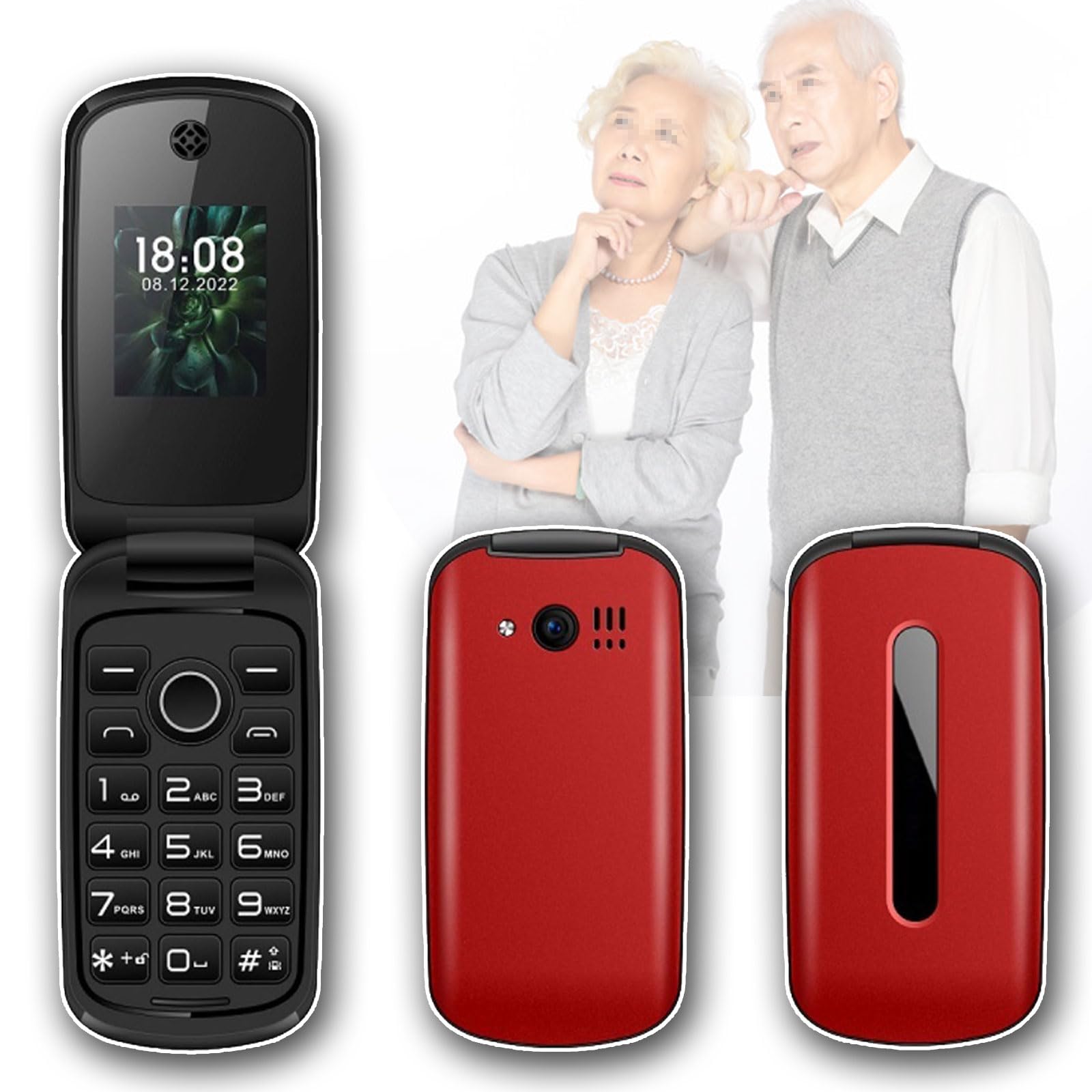 2G Duży Czcionka Starszy Telefon Komórkowy, Odblokowany Telefon Komórkowy Klapką Dual SIM Karta Dual Standby + Funkcja SOS + Duże Przyciski Czysty Dźwięk Wibracja Przypomnienie,Red